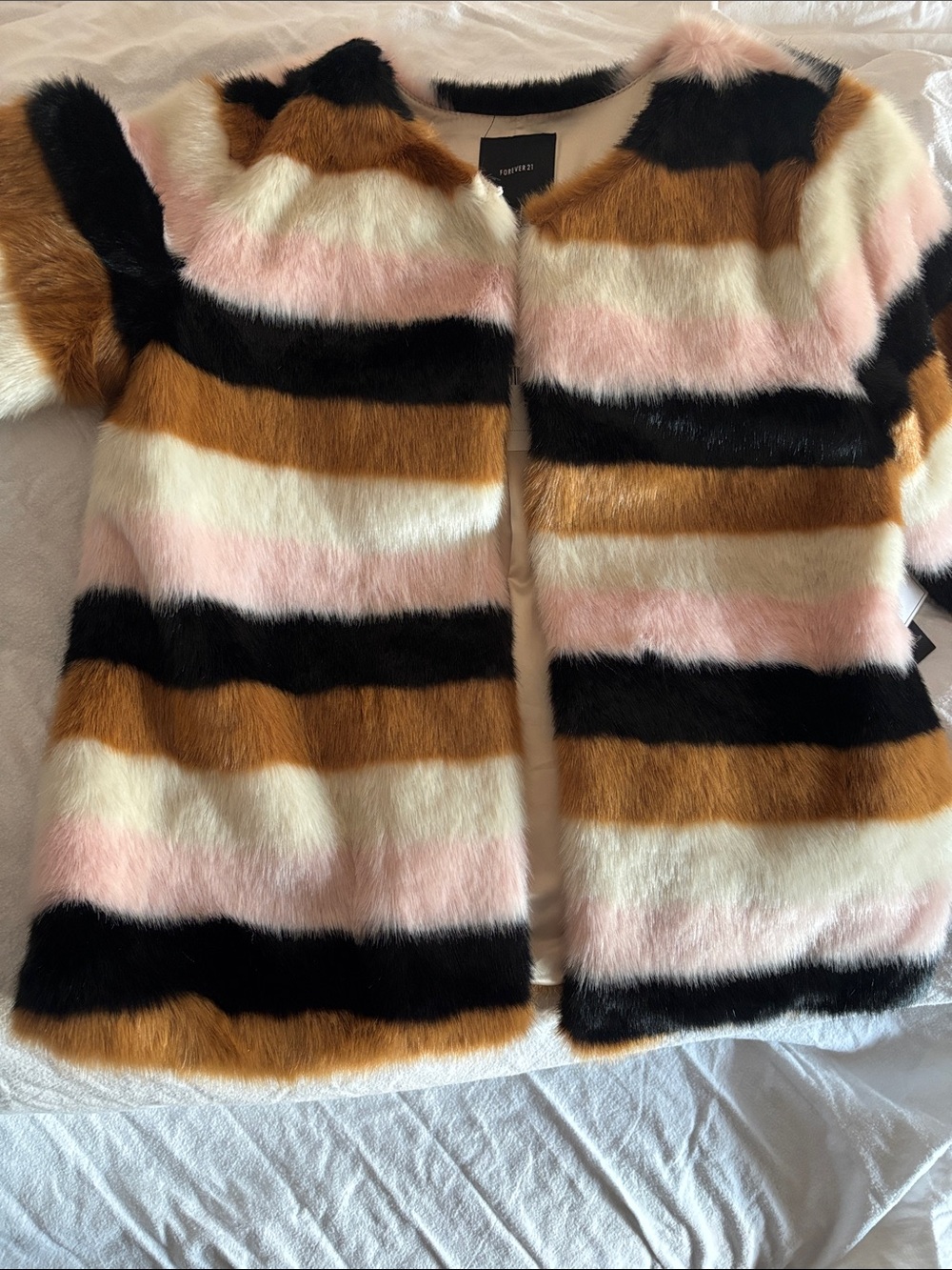 Faux Fur Striped Coat - Pink, Black & Tan